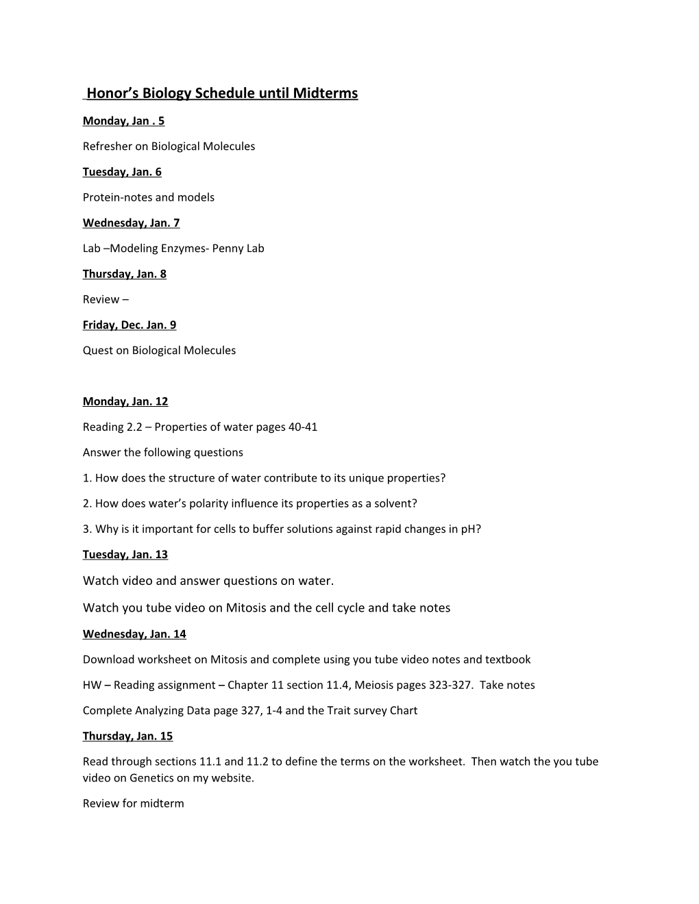 Honor S Biology Schedule Until Midterms