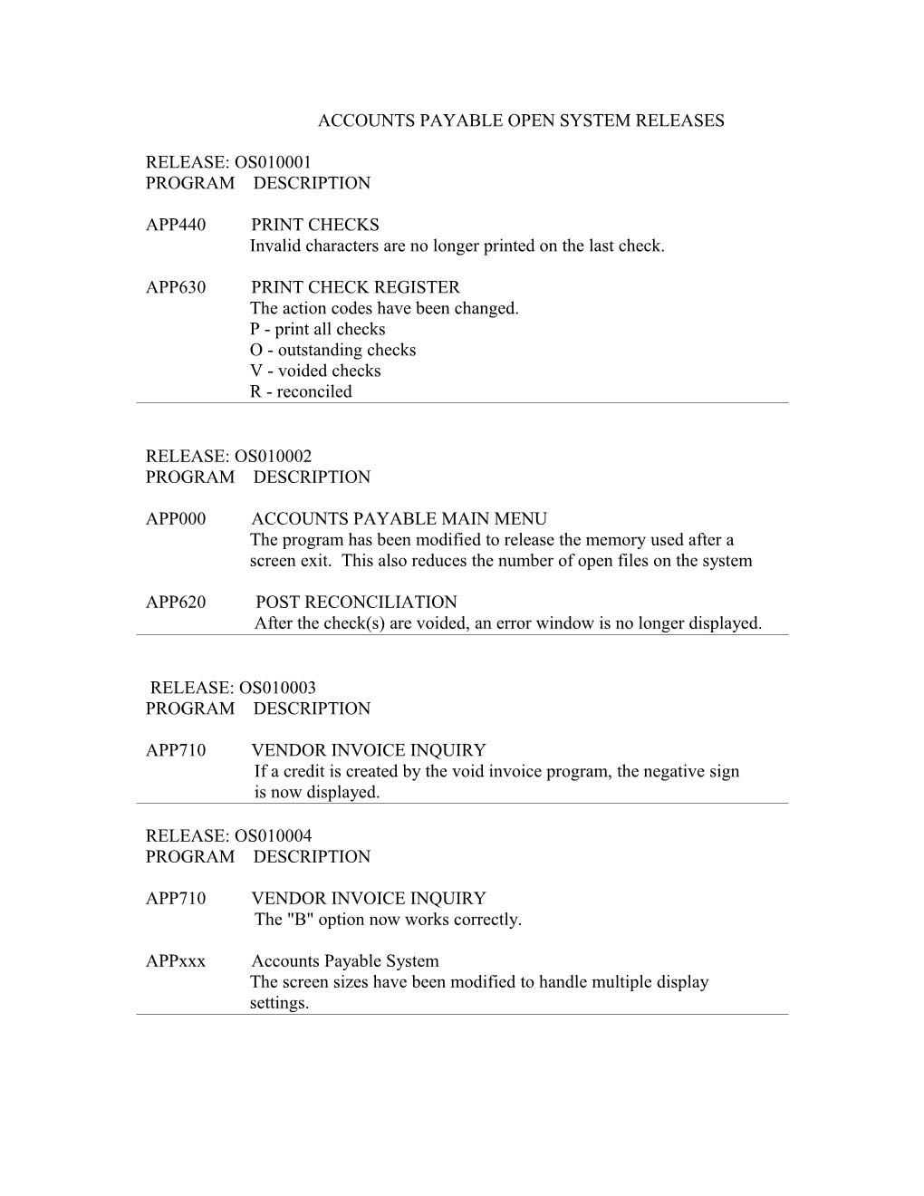 Accounts Payable Open System Releases