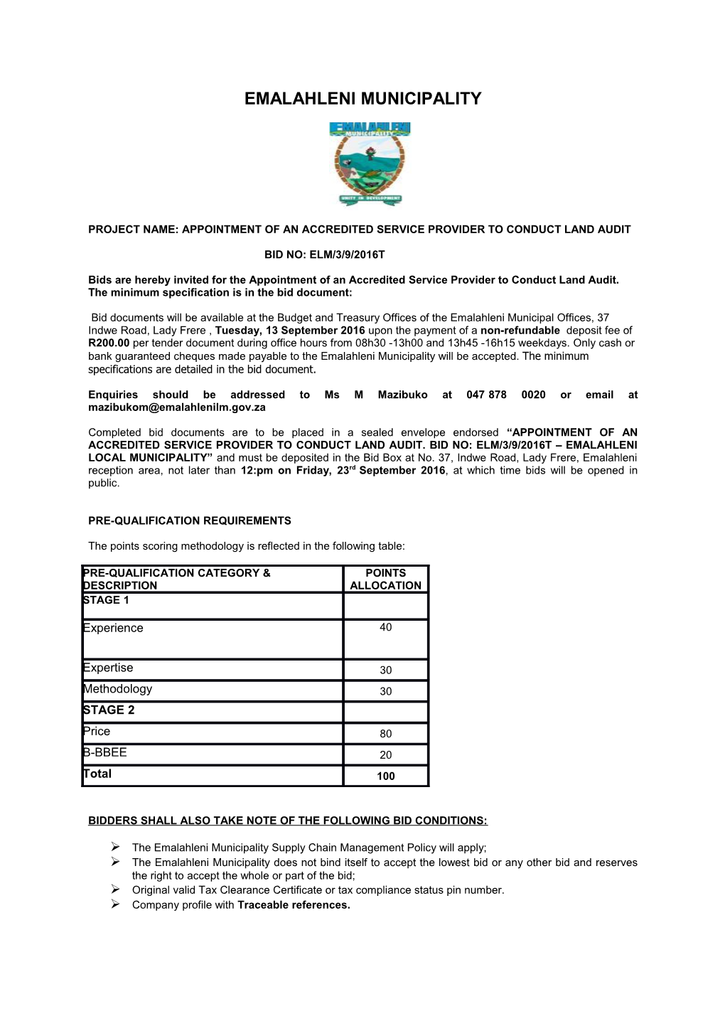 Project Name: Appointment of an Accredited Service Provider to Conduct Land Audit