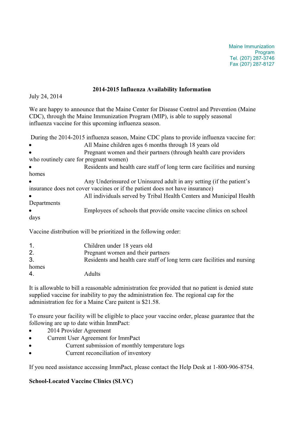 2014-2015 Influenza Availability Information