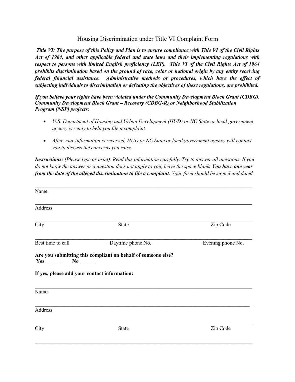 Housing Discrimination Under Title VI Complaint Form