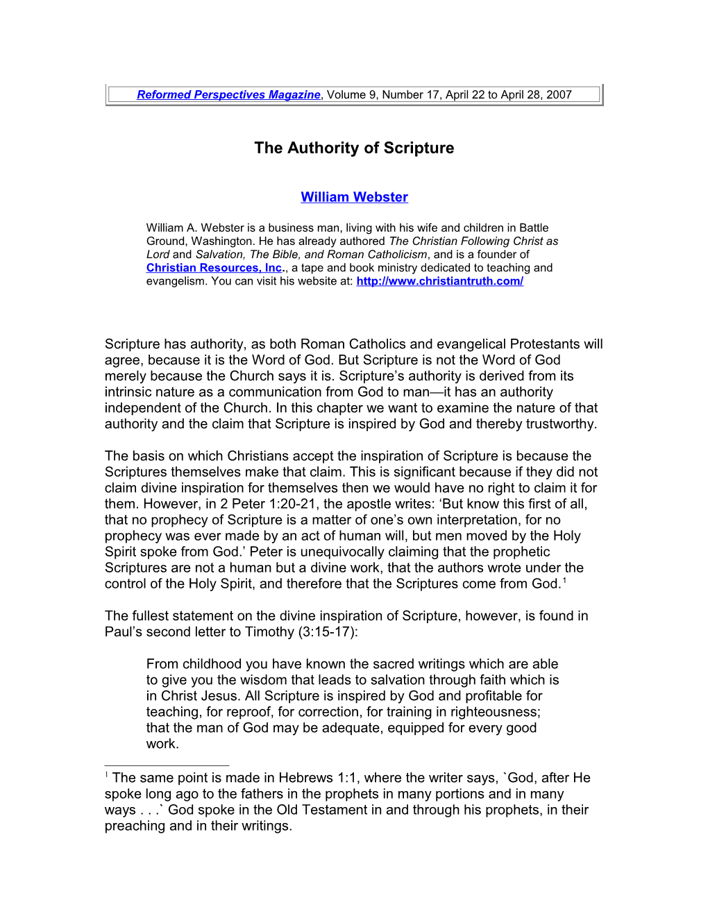 The Authority of Scripture William Webster