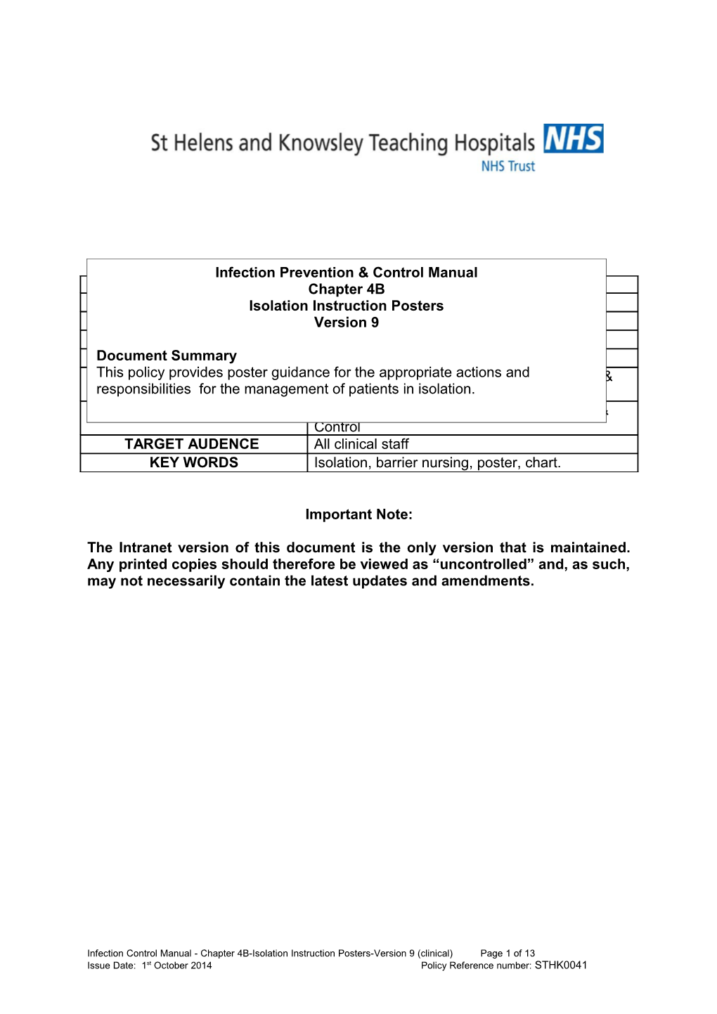 Infection Control Manual - Chapter 4B-Isolation Instruction Posters-Version 9 (Clinical)