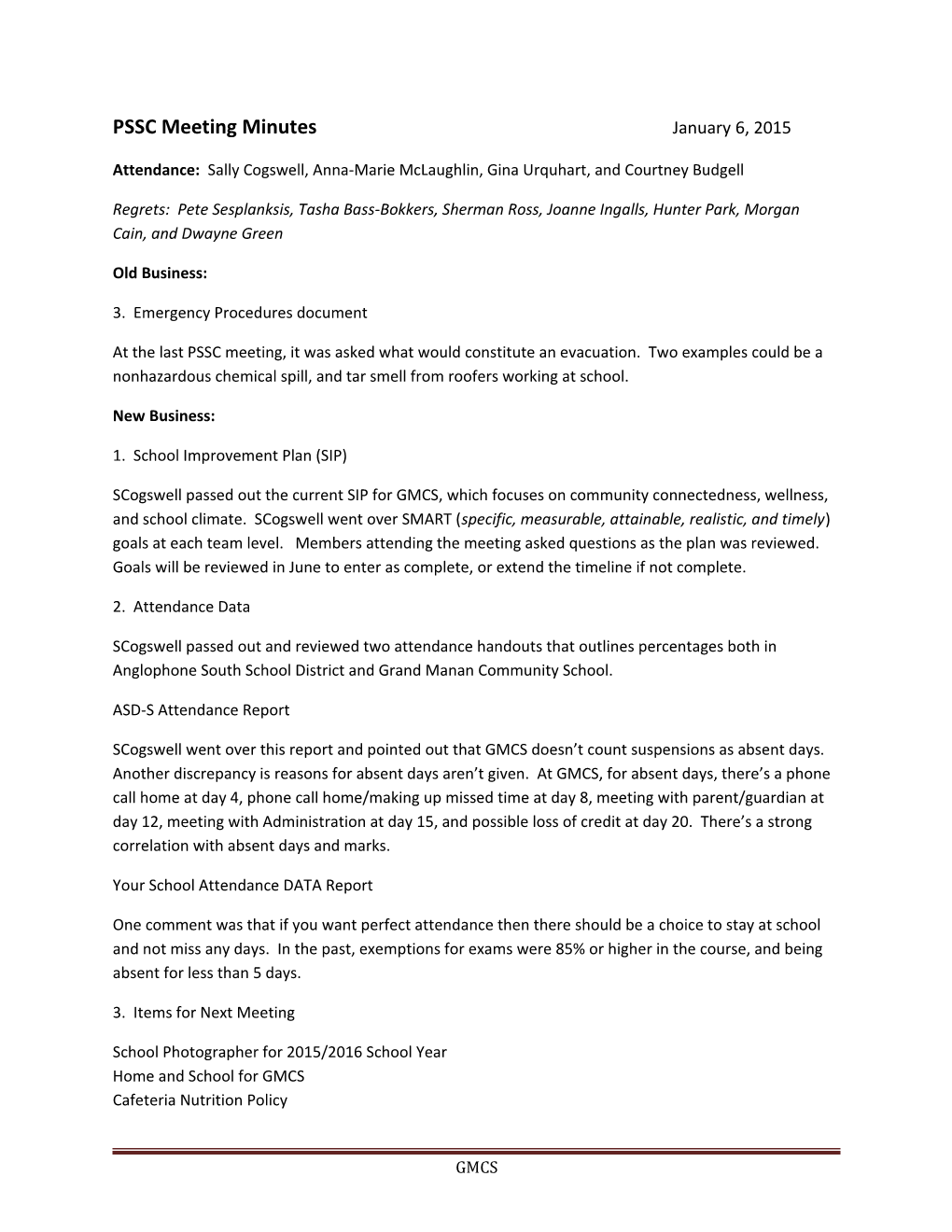 PSSC Meeting Minutes January 6, 2015