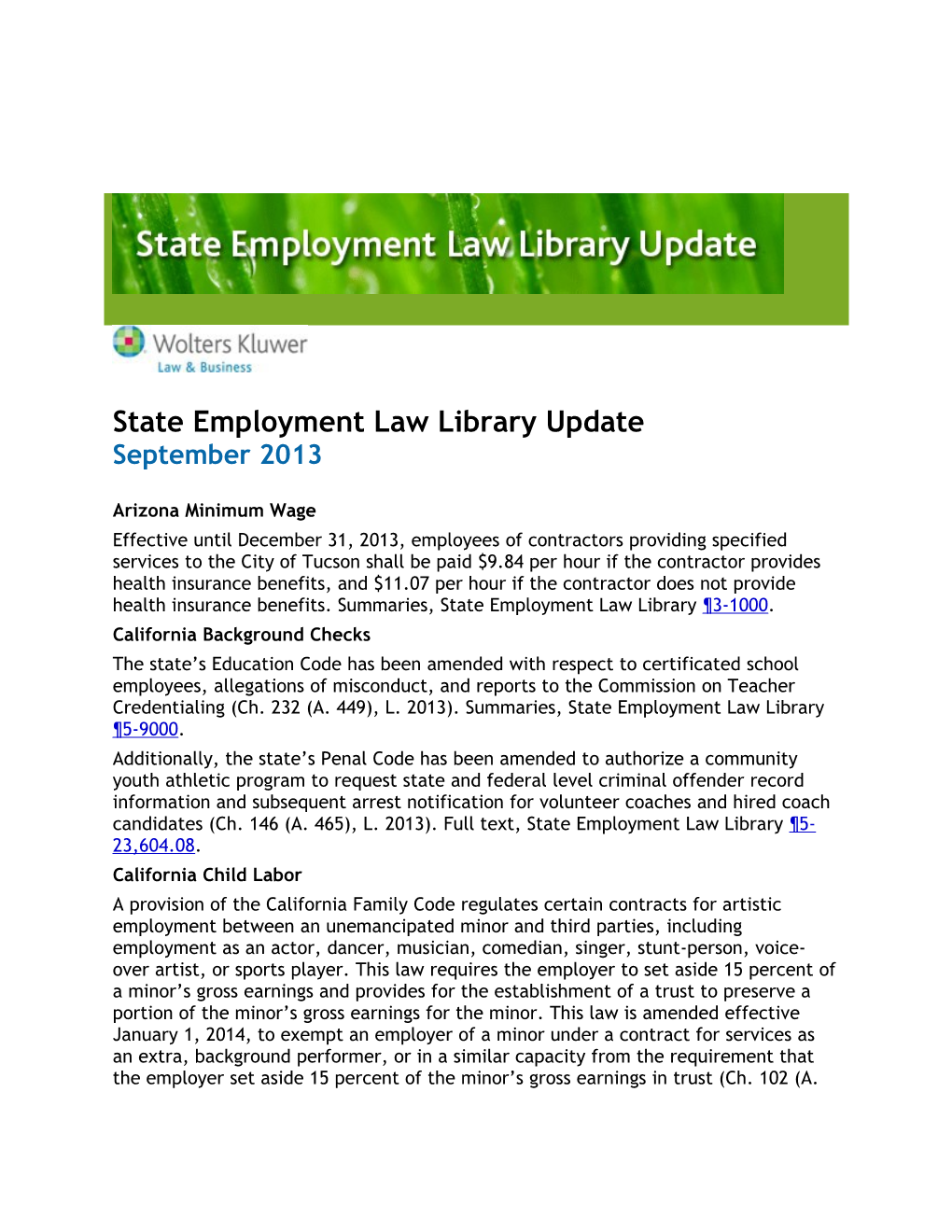 State Employment Law Library Update