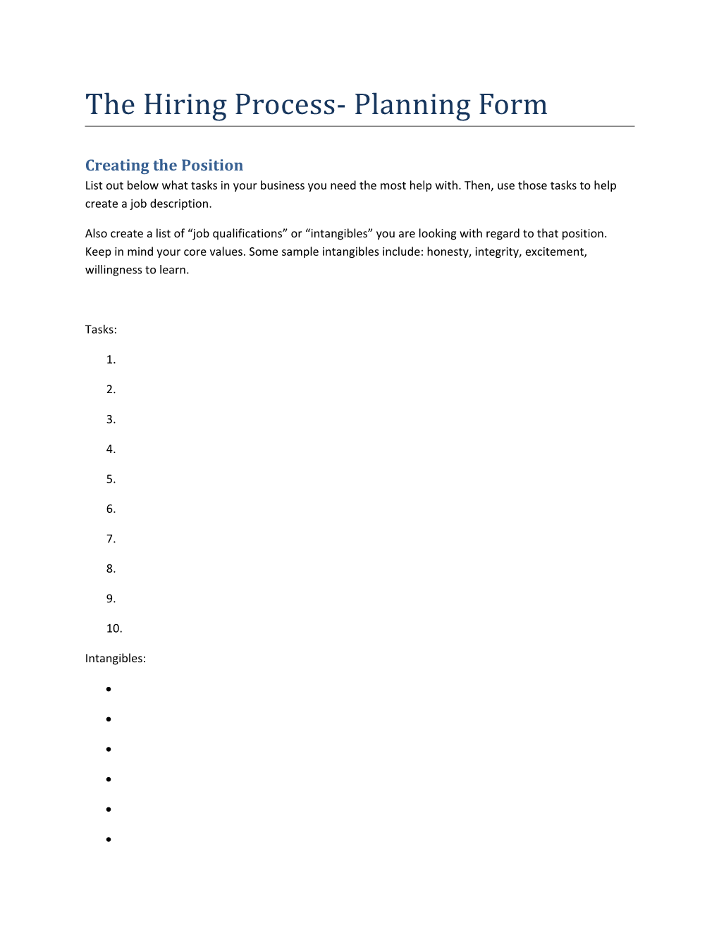 The Hiring Process- Planning Form