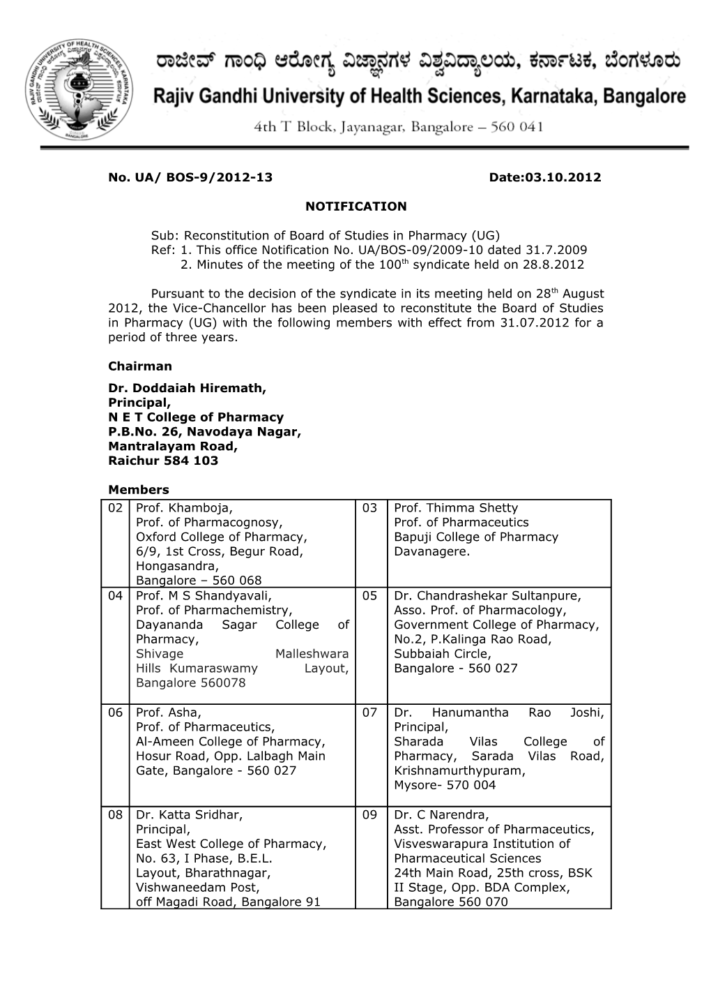 Sub: Reconstitution of Board of Studies in Pharmacy (UG)