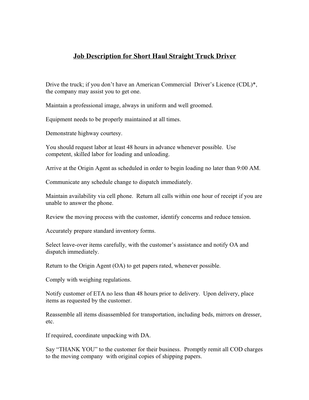 Job Description for Short Haul Driver