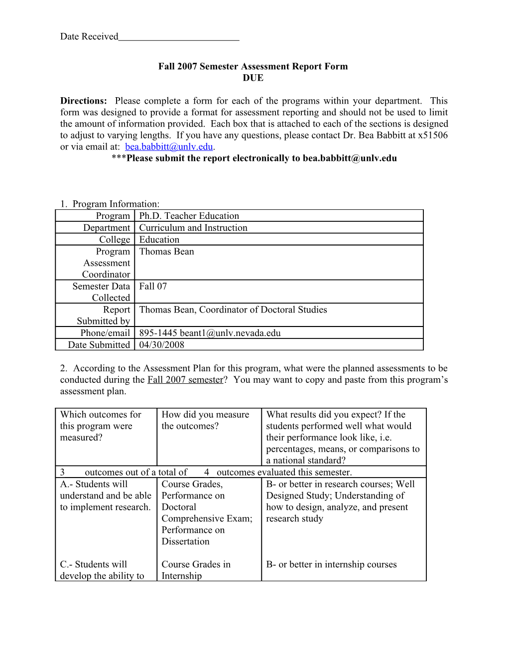 Spring 2007 Semester Assessment Report Form