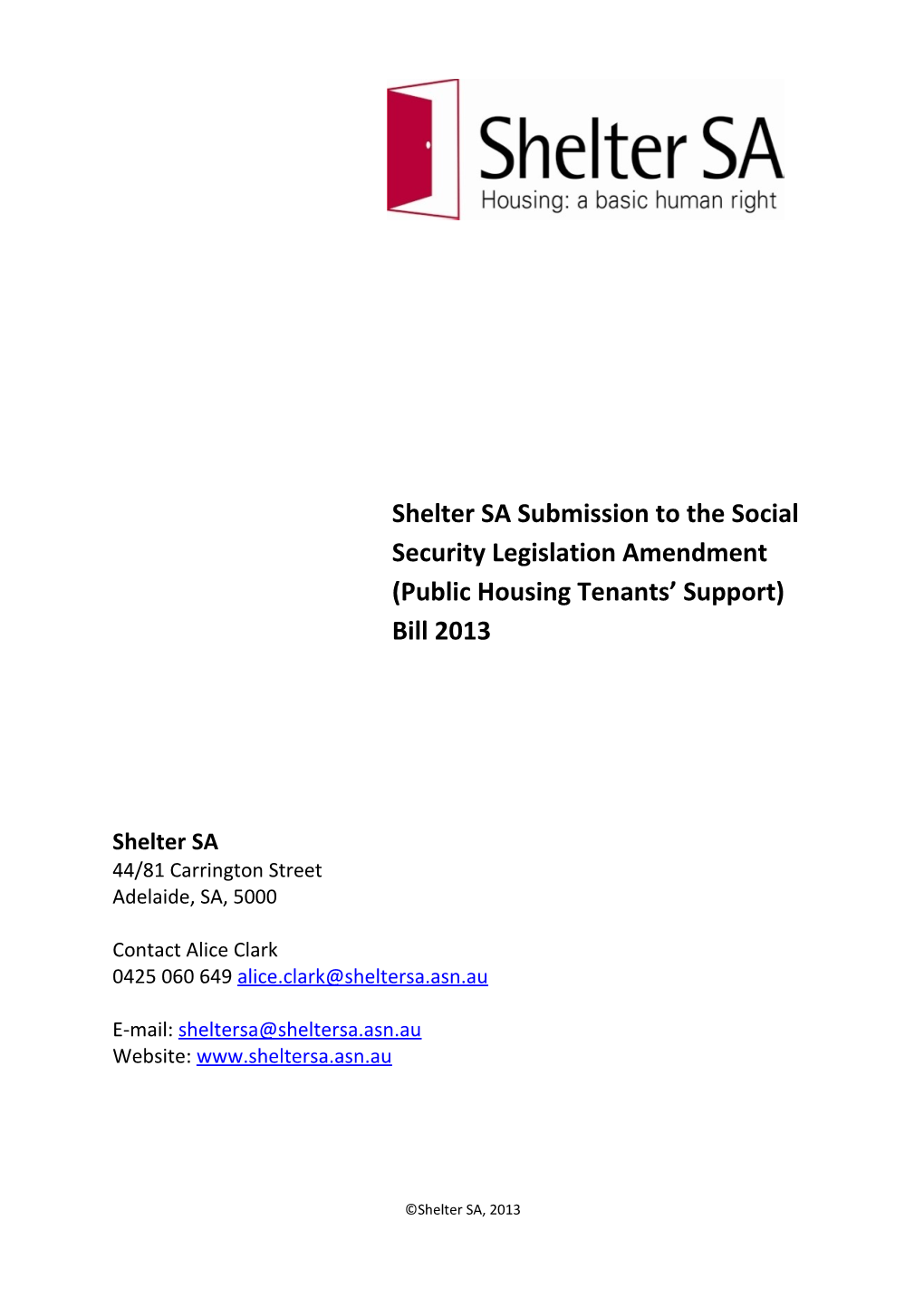 Shelter SA Submission to the Social Security Legislation Amendment (Public Housing Tenants