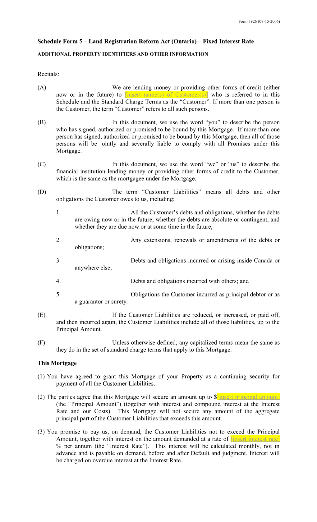 Schedule Form 5 Land Registration Reform Act (Ontario) Fixed Interest Rate