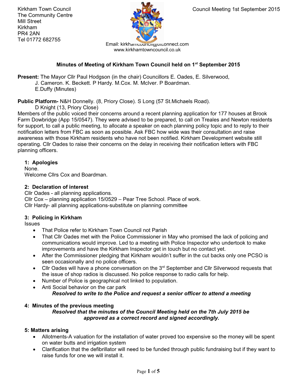 Minutes of Meeting of Kirkham Town Council Held on 1St September 2015