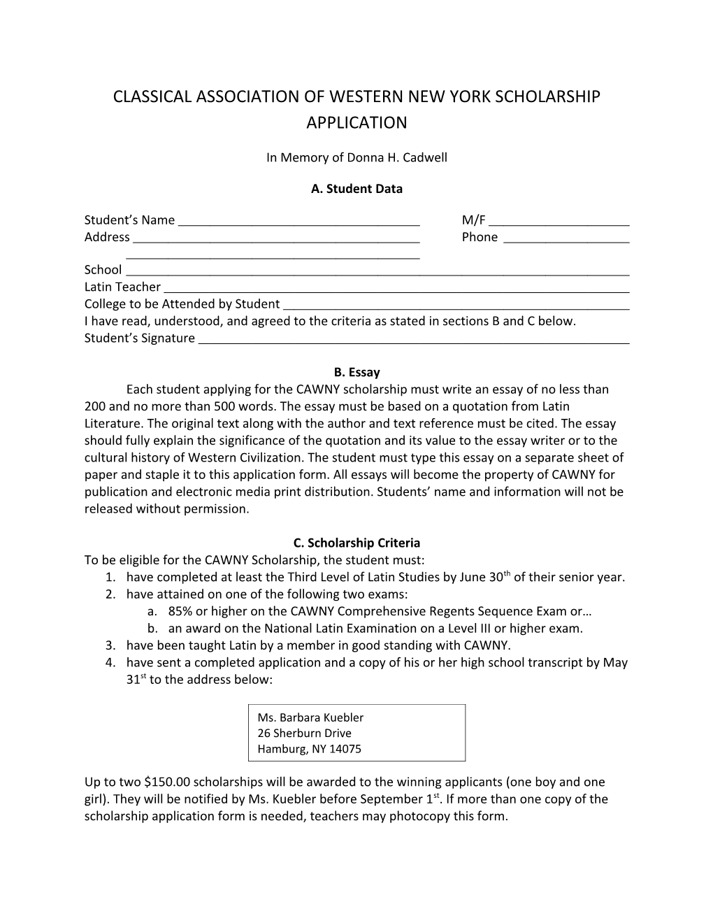 Classical Association of Western New York Scholarship Application