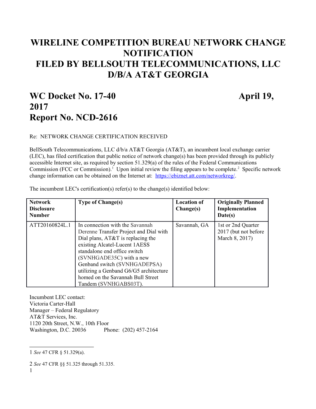 Wireline Competition Bureau Network Change Notification