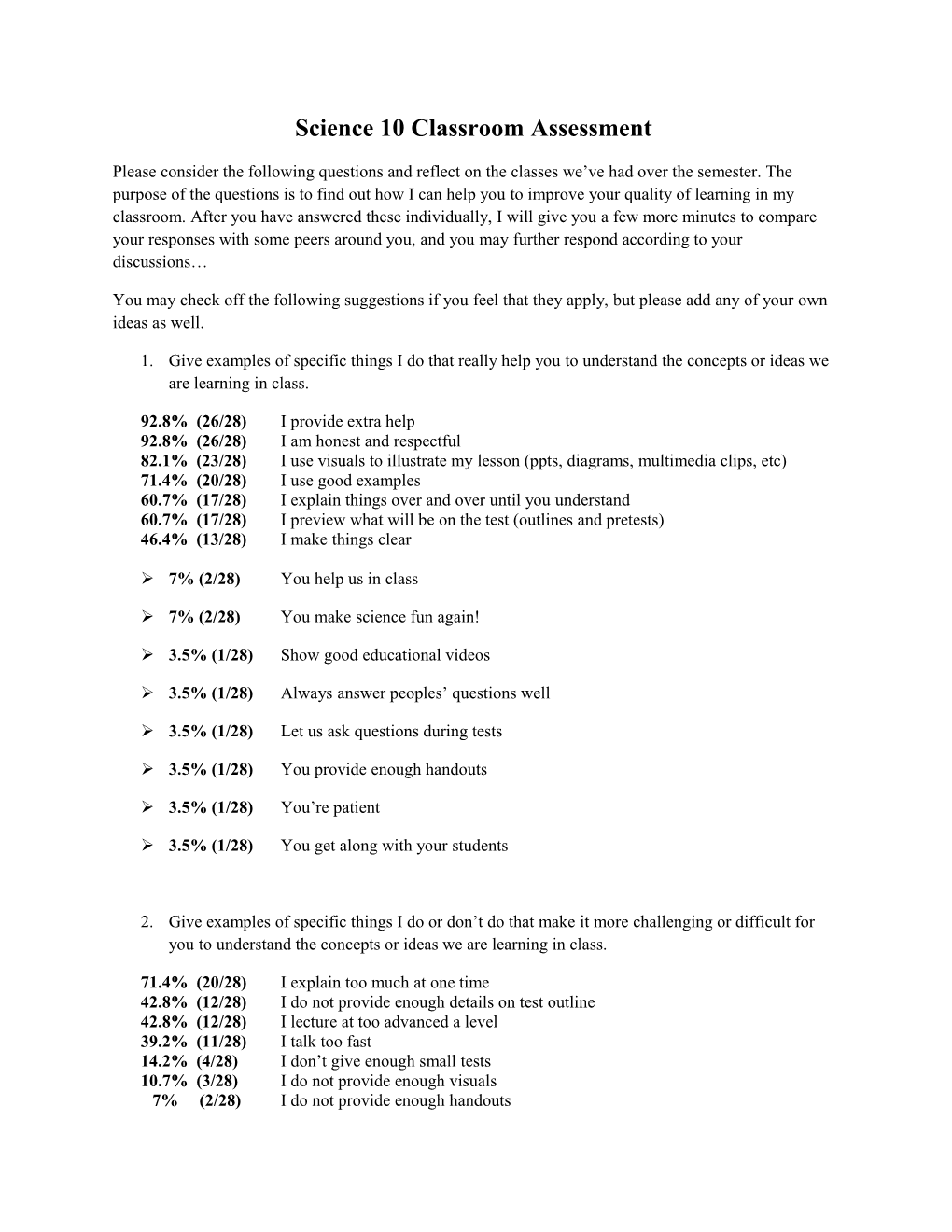 Science 10 Classroom Assessment 2010