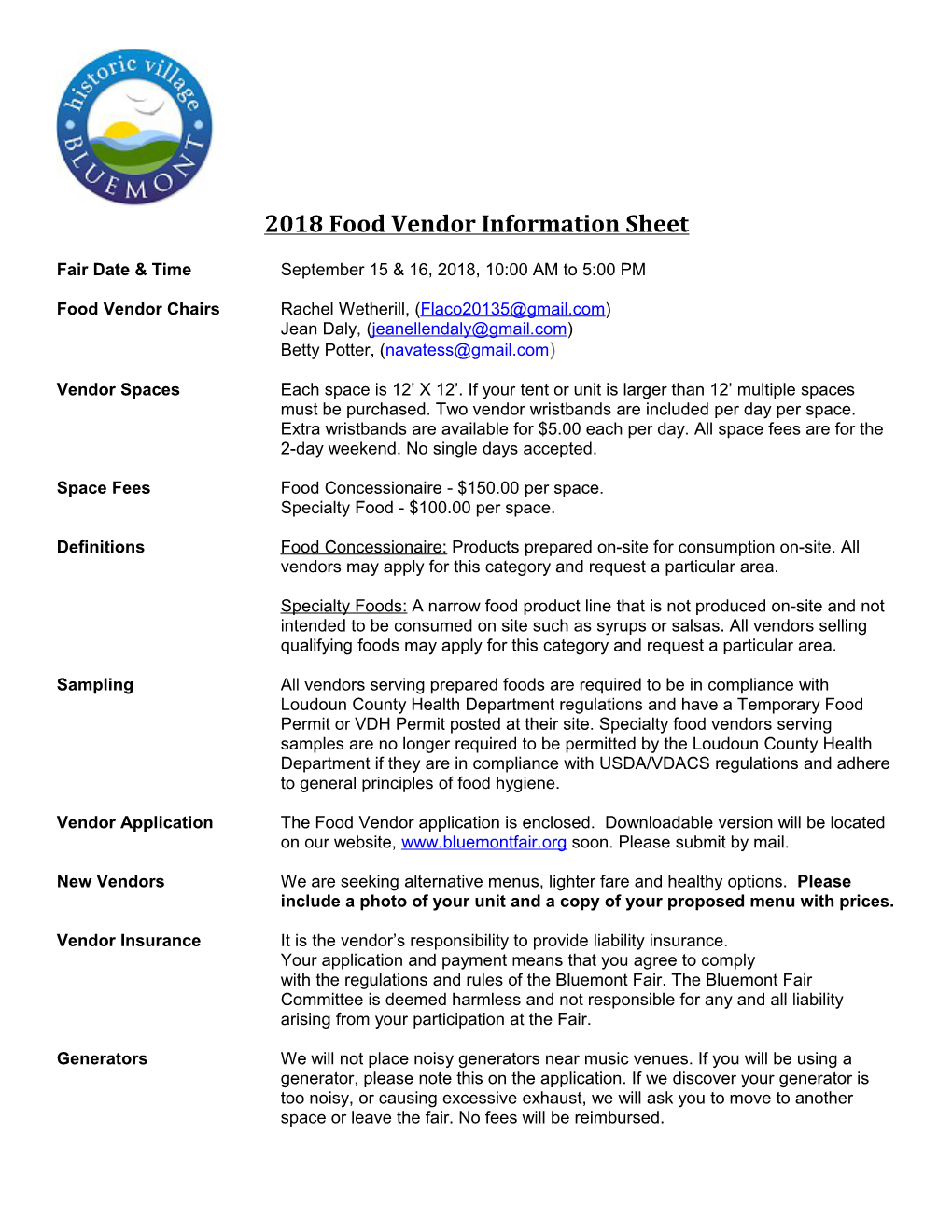 2018 Food Vendor Information Sheet