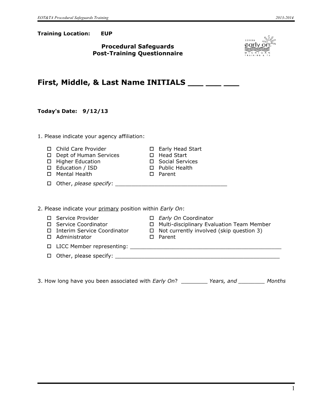 Pre- IDA Training Questionnaire