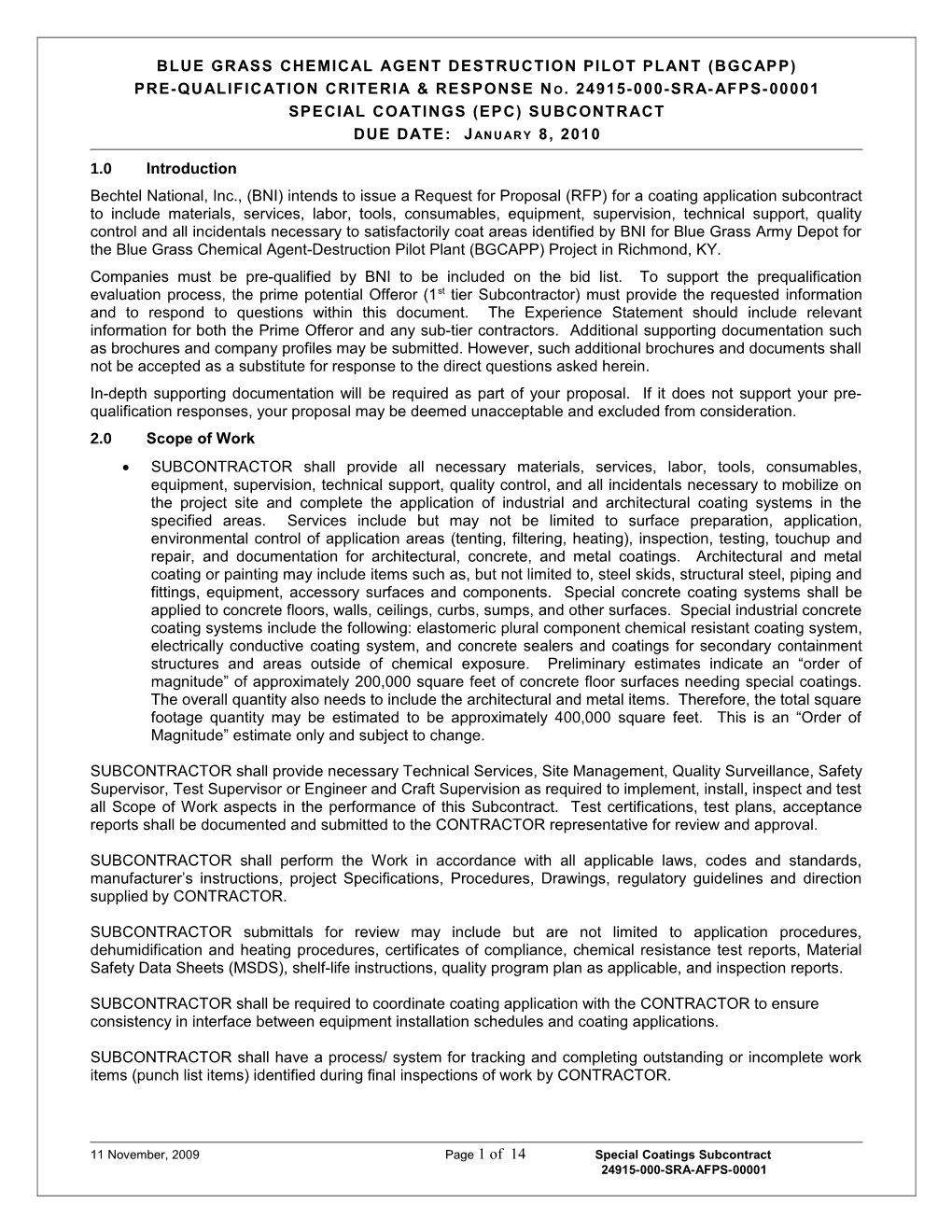 Blue Grass Chemical Agent Destruction Pilot Plantpre-Qualification Criteria & Response