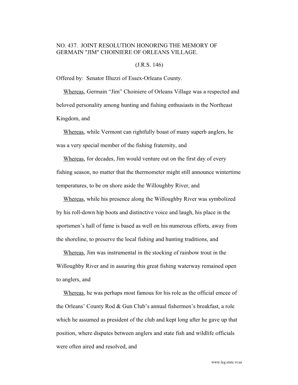 No. 437. Joint Resolution Honoring the Memory of Germain Jim Choiniere of Orleans Village