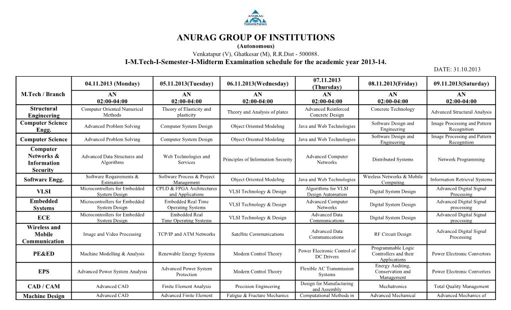 I-M.Tech-I-Semester-I-Midterm Examination Schedule for the Academic Year 2013-14