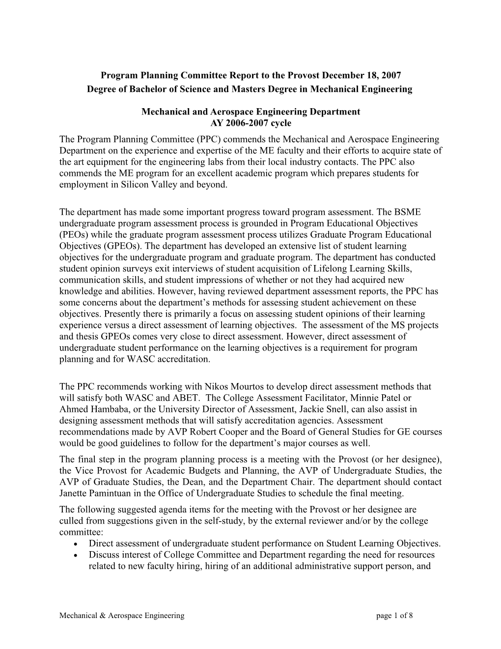 Program Planning Committee Report of October 12, 2007 to the Provost