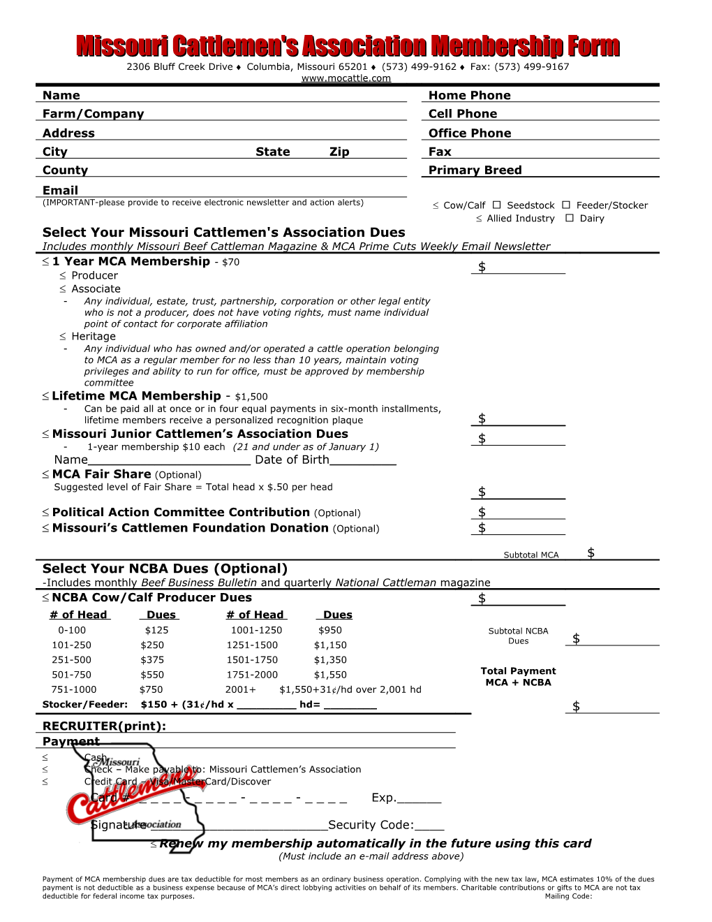 2009 Missouri Cattlemen's Association Membership Invoice
