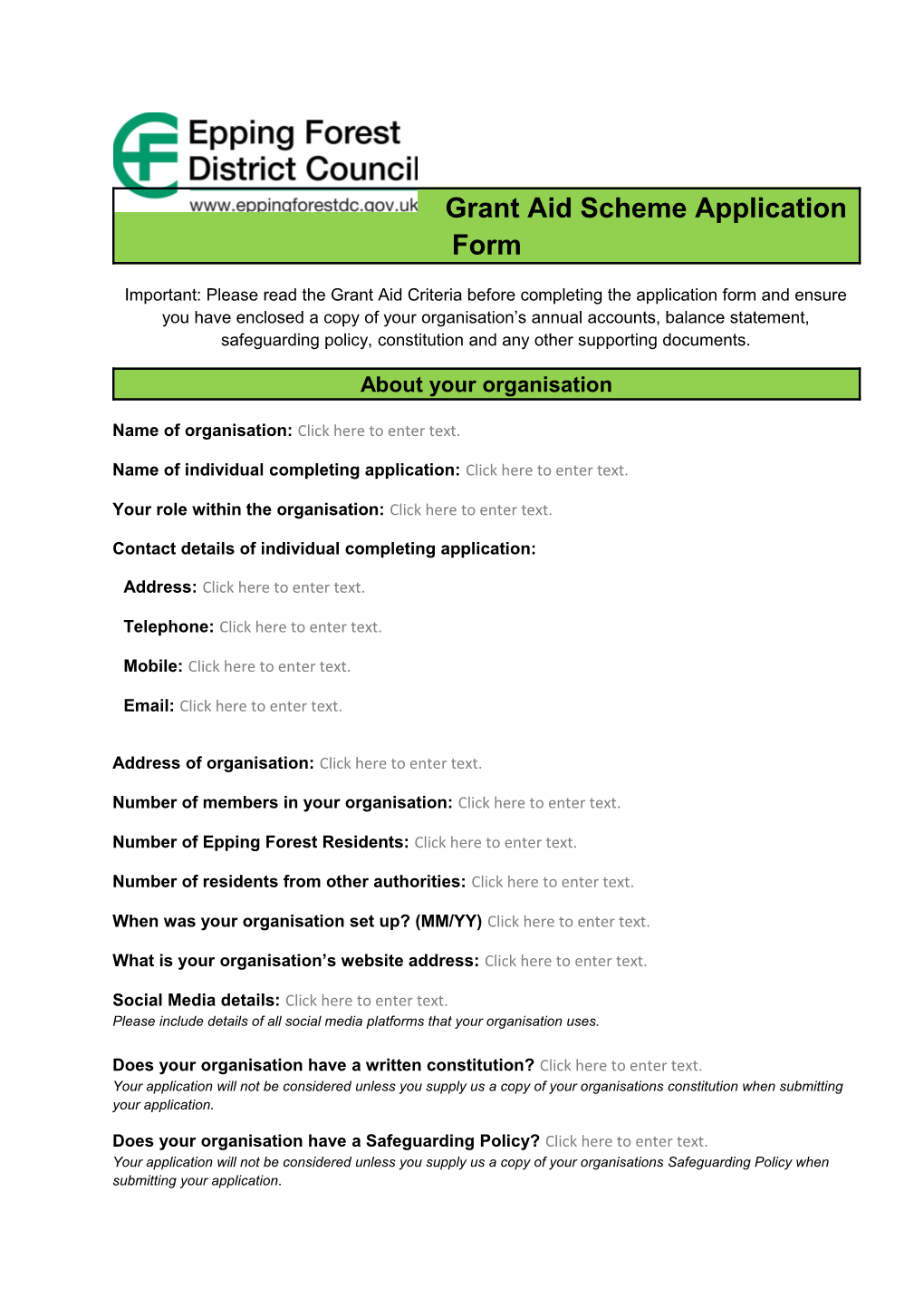 Grant Aid Scheme Application Form