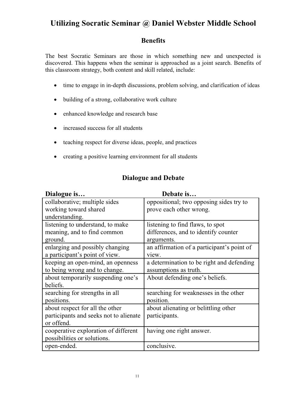 Utilizing Socratic Seminar Daniel Webster Middle School