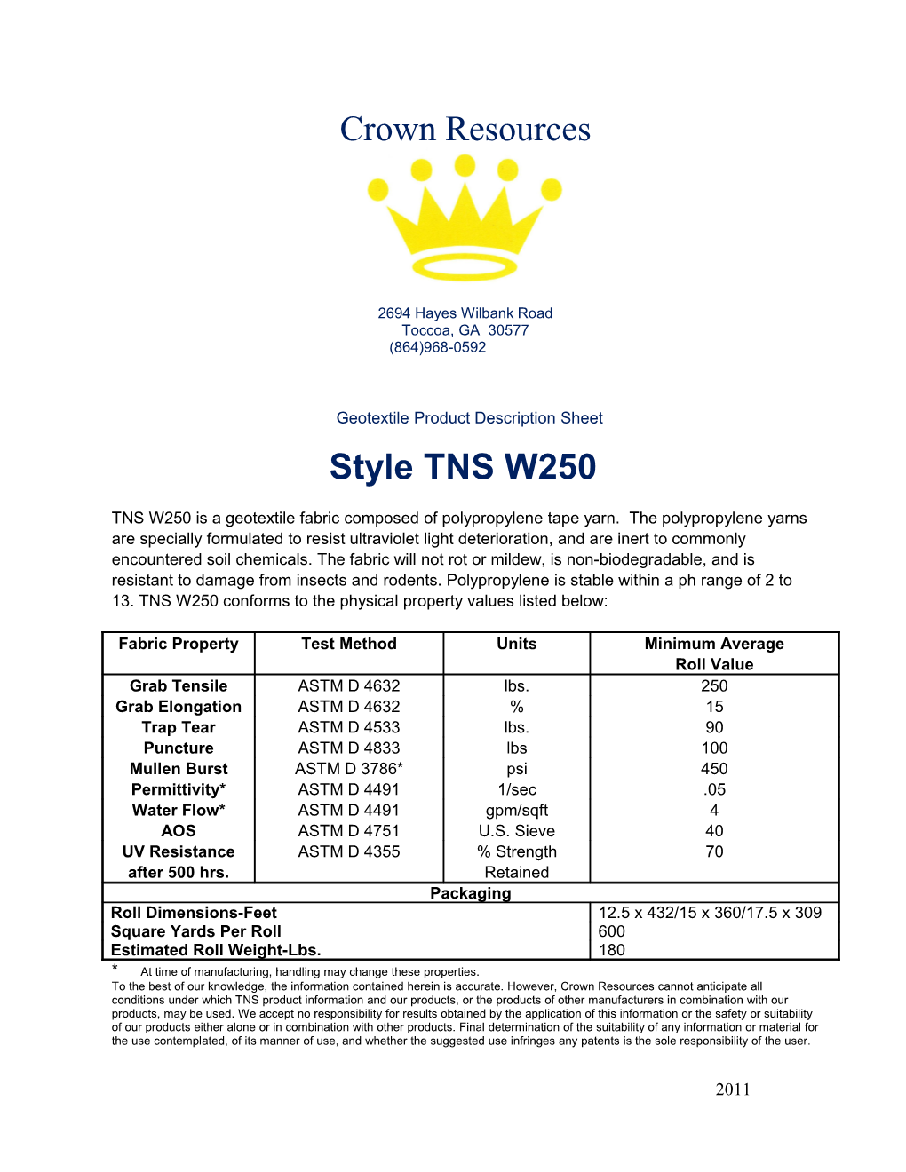 Geotextile Product Description Sheet