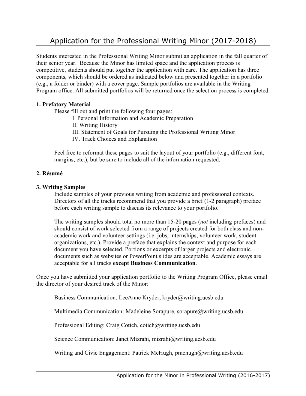Application for the Minor in Professional Writing (2010-2011)