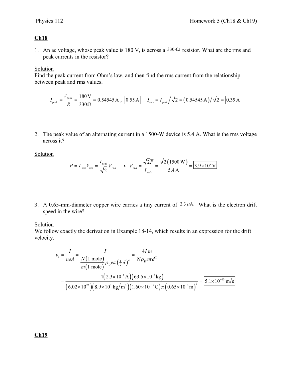 Physics 112 Homework 5(Ch18 & Ch19)