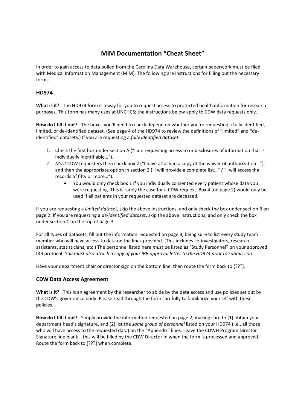 MIM Documentation Cheat Sheet