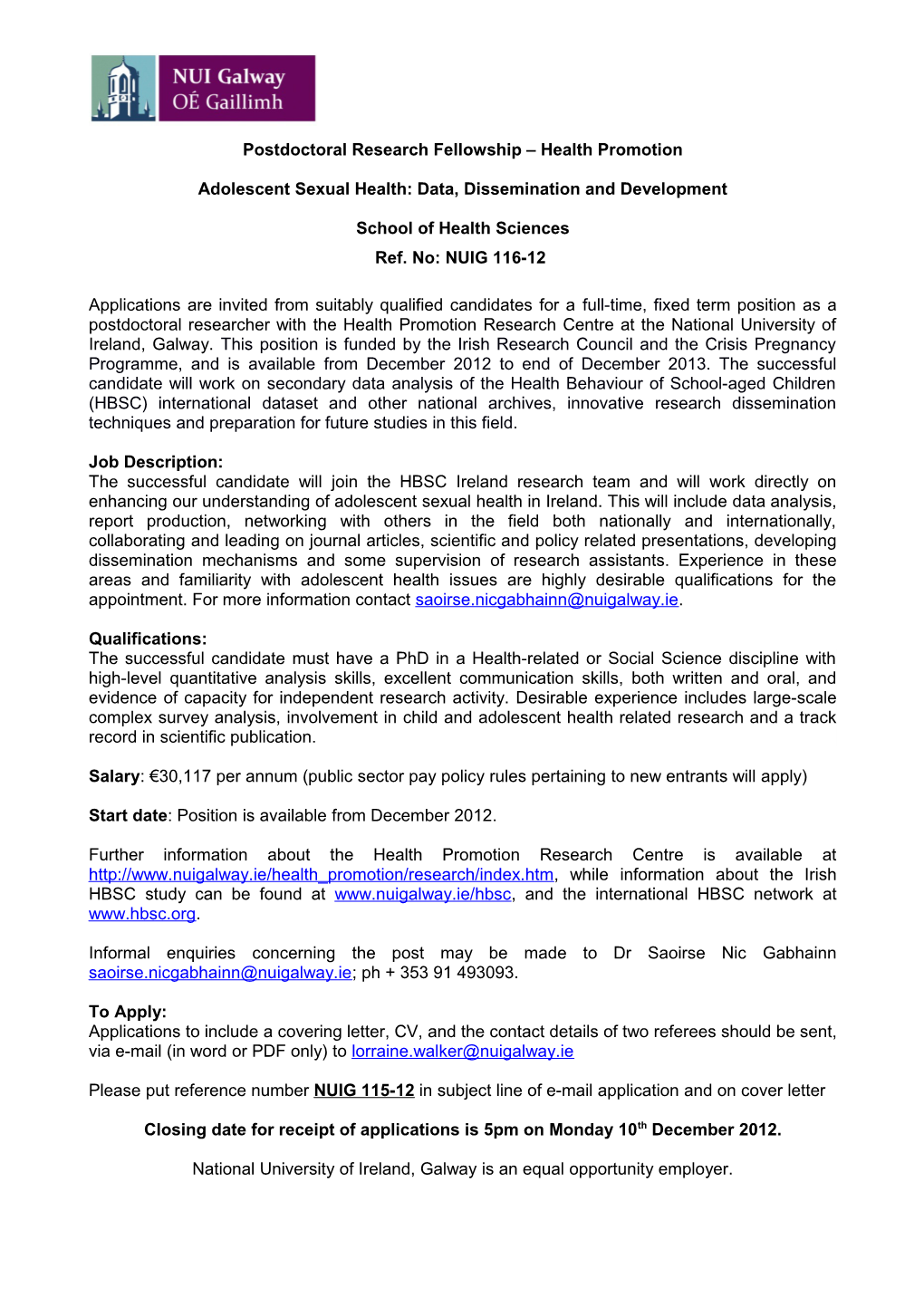 Postdoctoral Research Fellowship Health Promotion