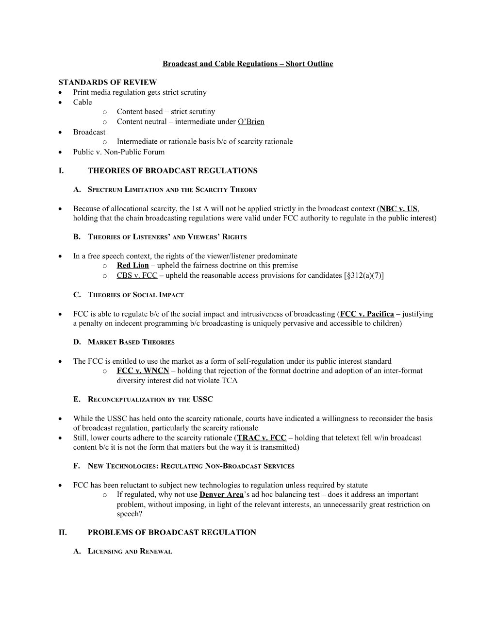 Broadcast and Cable Regulations Short Outline