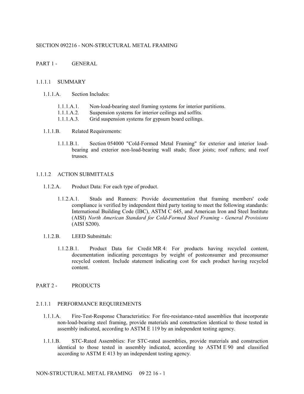 Section 092216 - Non-Structural Metal Framing s1