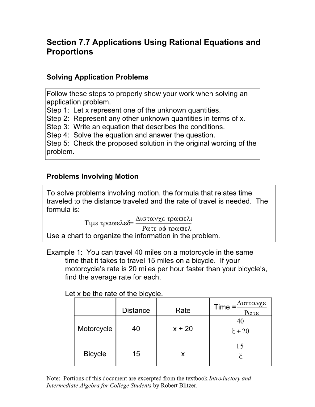 Section 7.7 Applications Using Rational Equations and Proportions