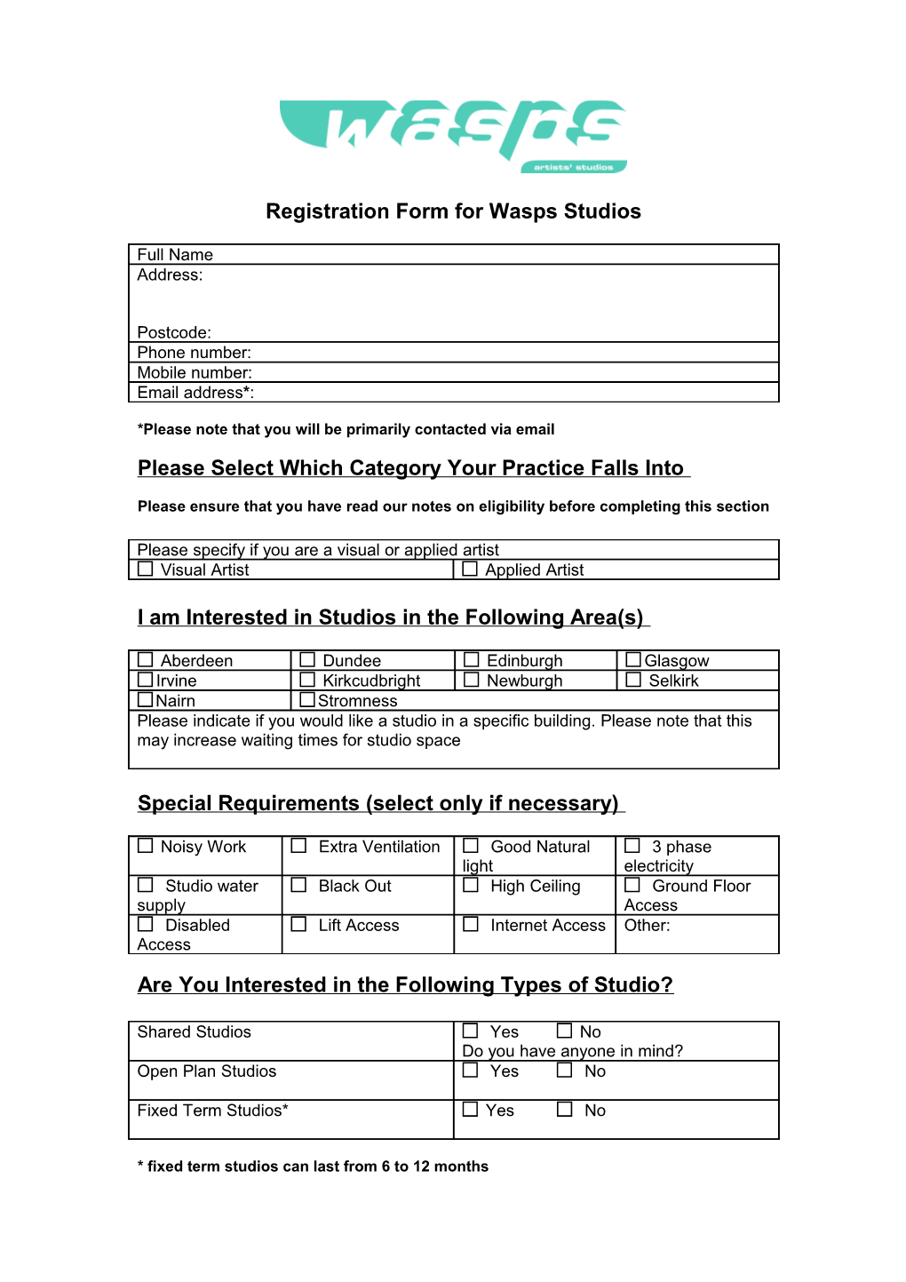 Registration Form for Wasps Studios