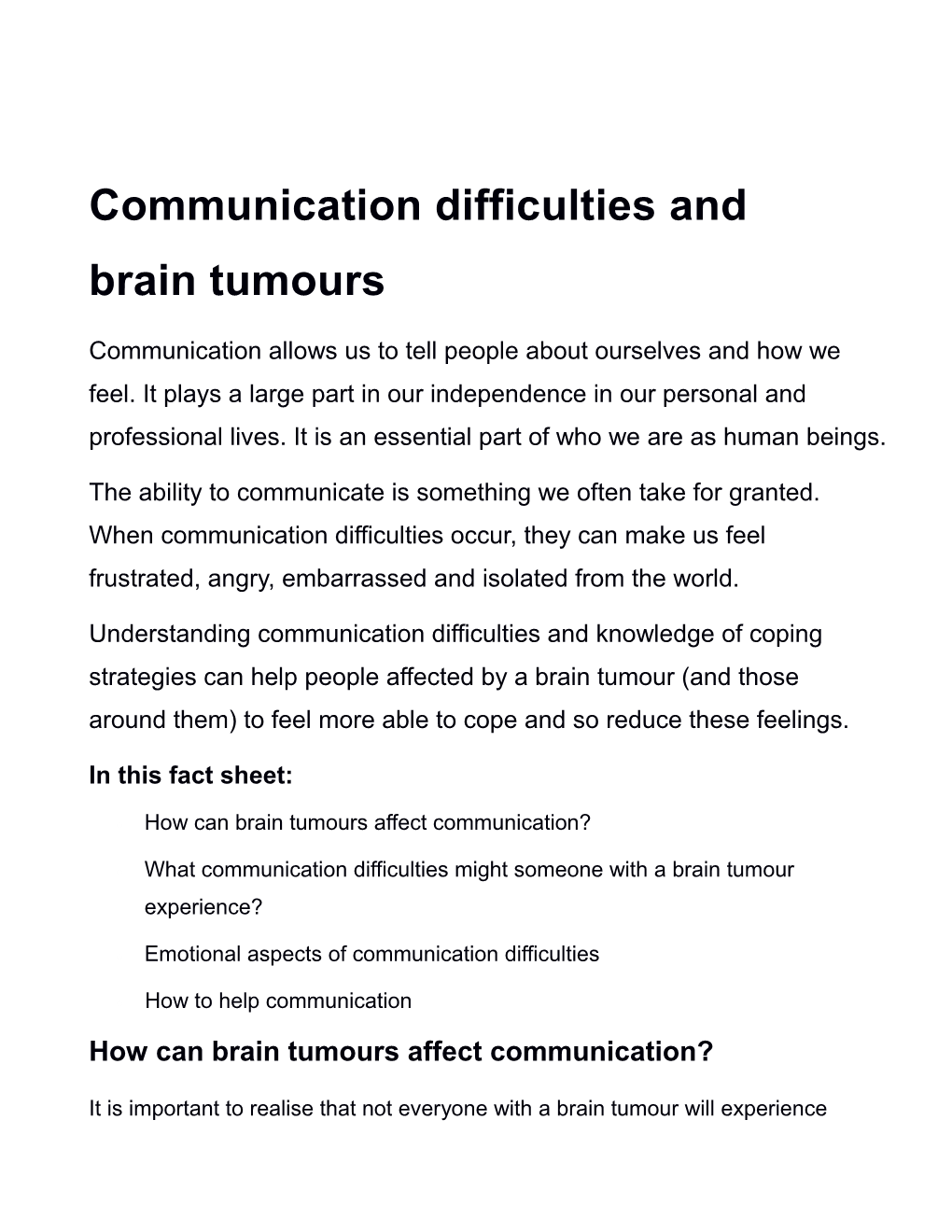 Communication Difficulties and Brain Tumours