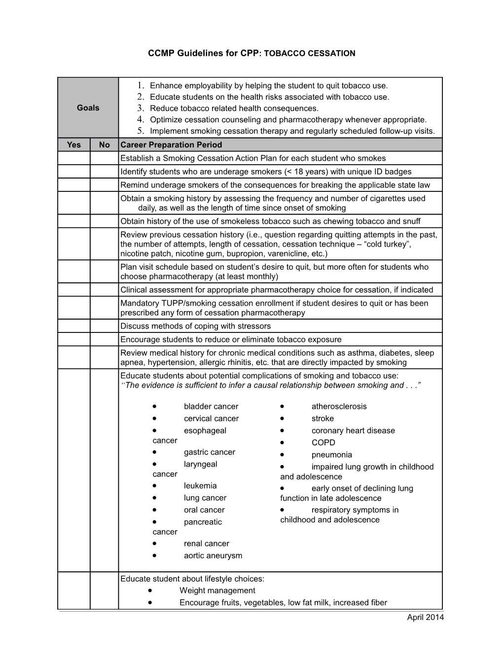 Tobacco Cessation Chronic Care Management Plan