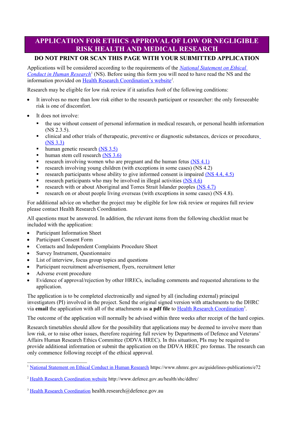 2013 Application for Ethics Approval of Low Risk Research Involving People