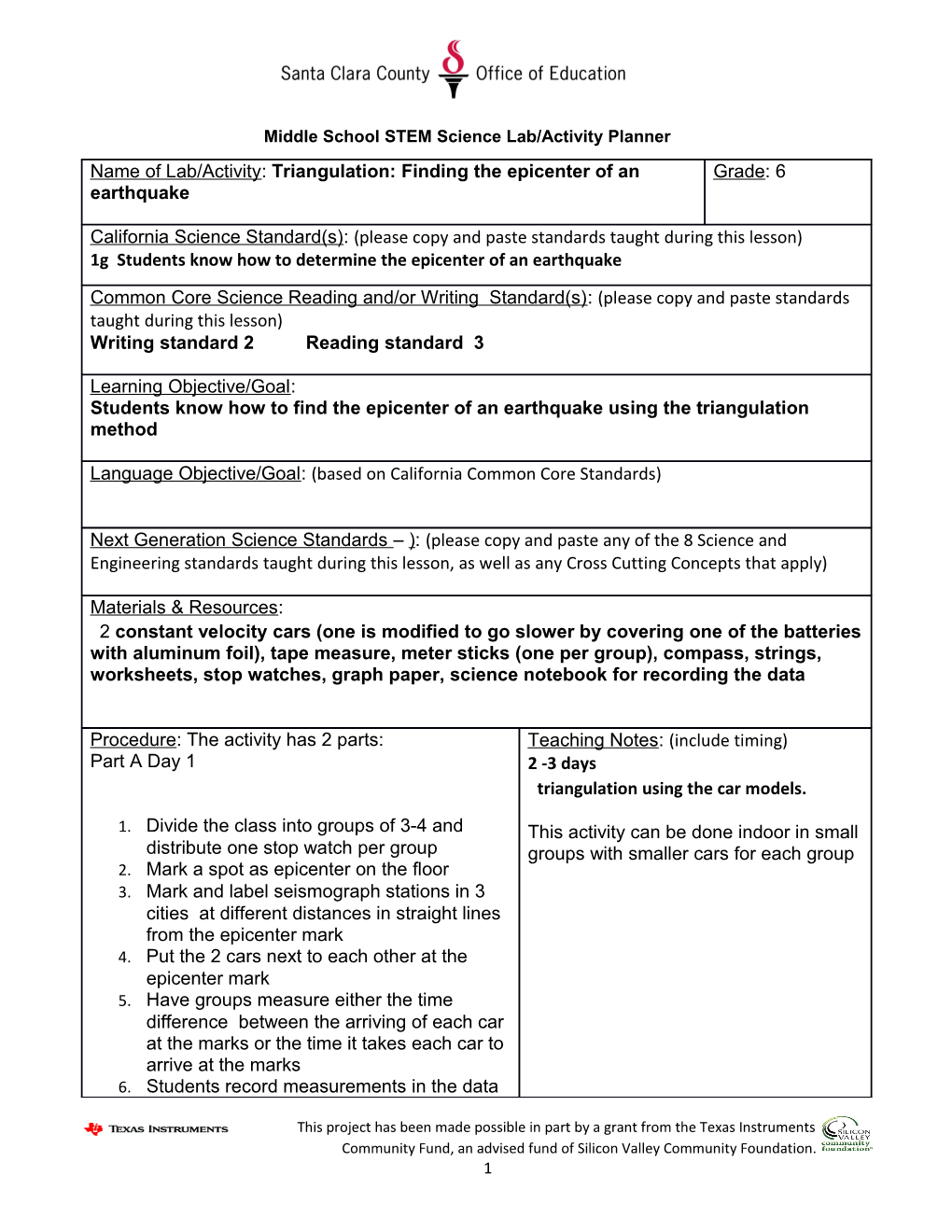 Middle School STEM Science Lab/Activity Planner