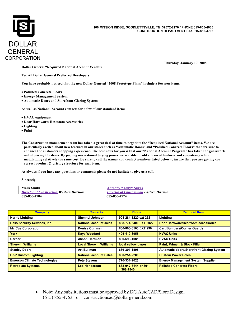 Dollar General Required National Account Vendors