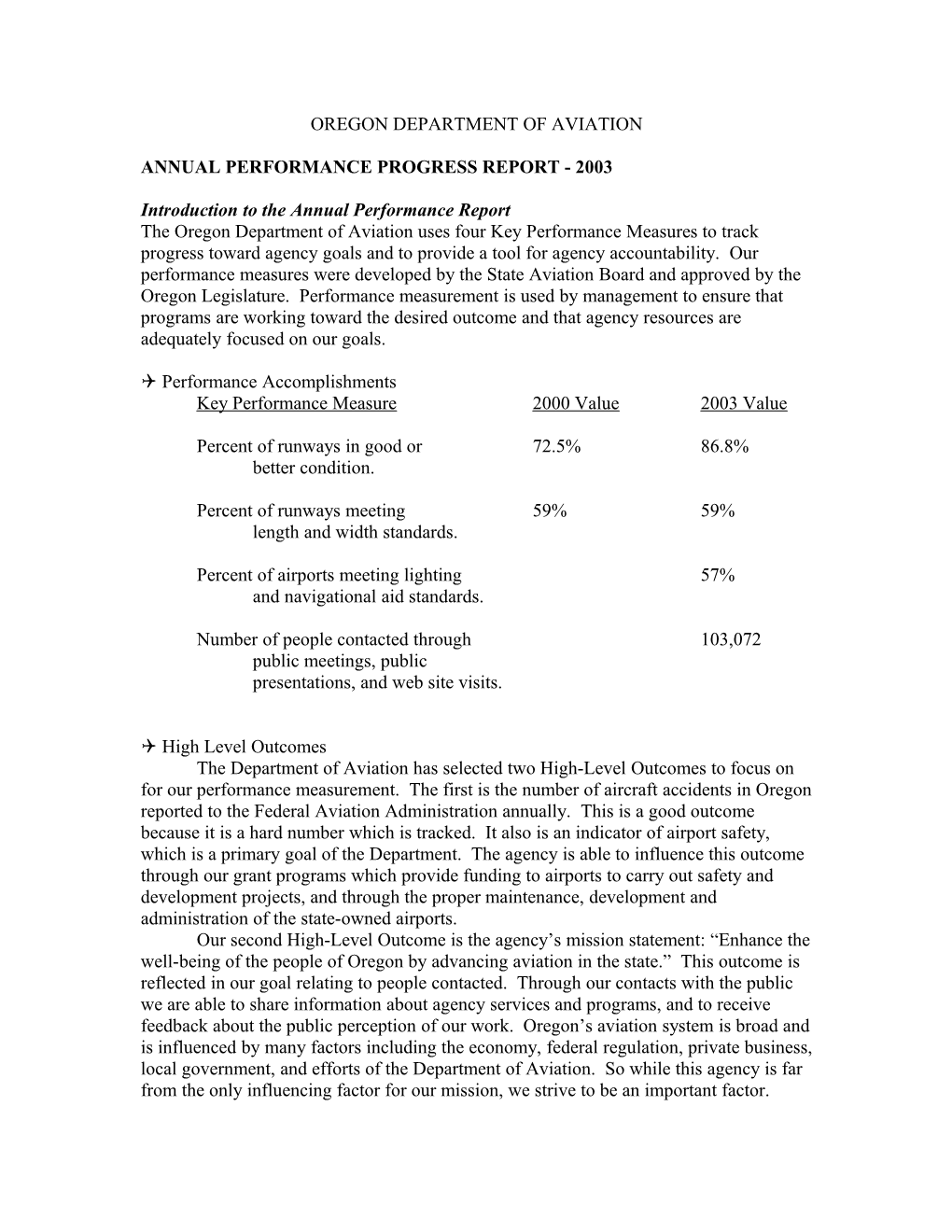 Oregon Department of Aviation Jan. 2004 Annual Performance Report