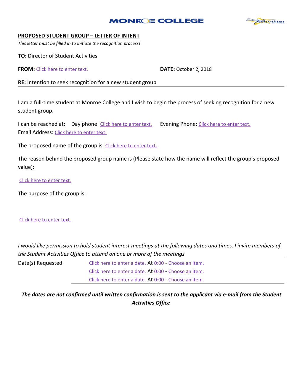 Proposed Student Group Letter of Intent