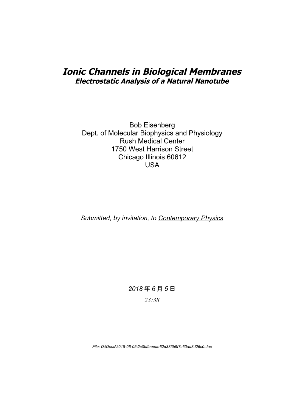 Ionic Channels in Biological Membranes