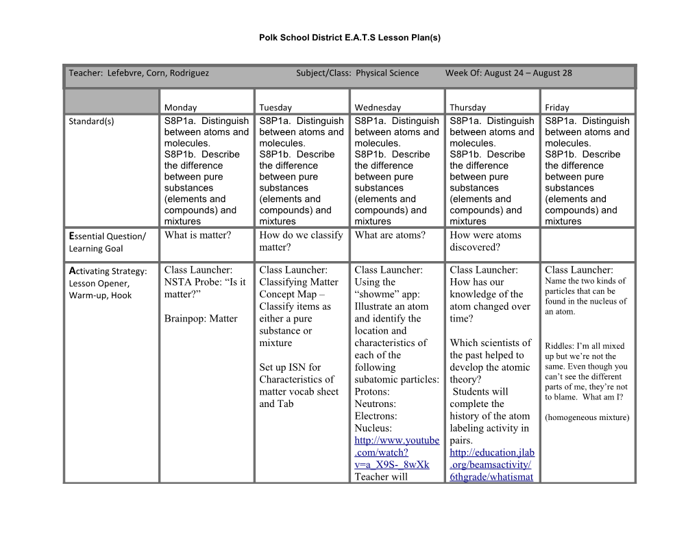 Polk School District E.A.T.S Lesson Plan(S) s1