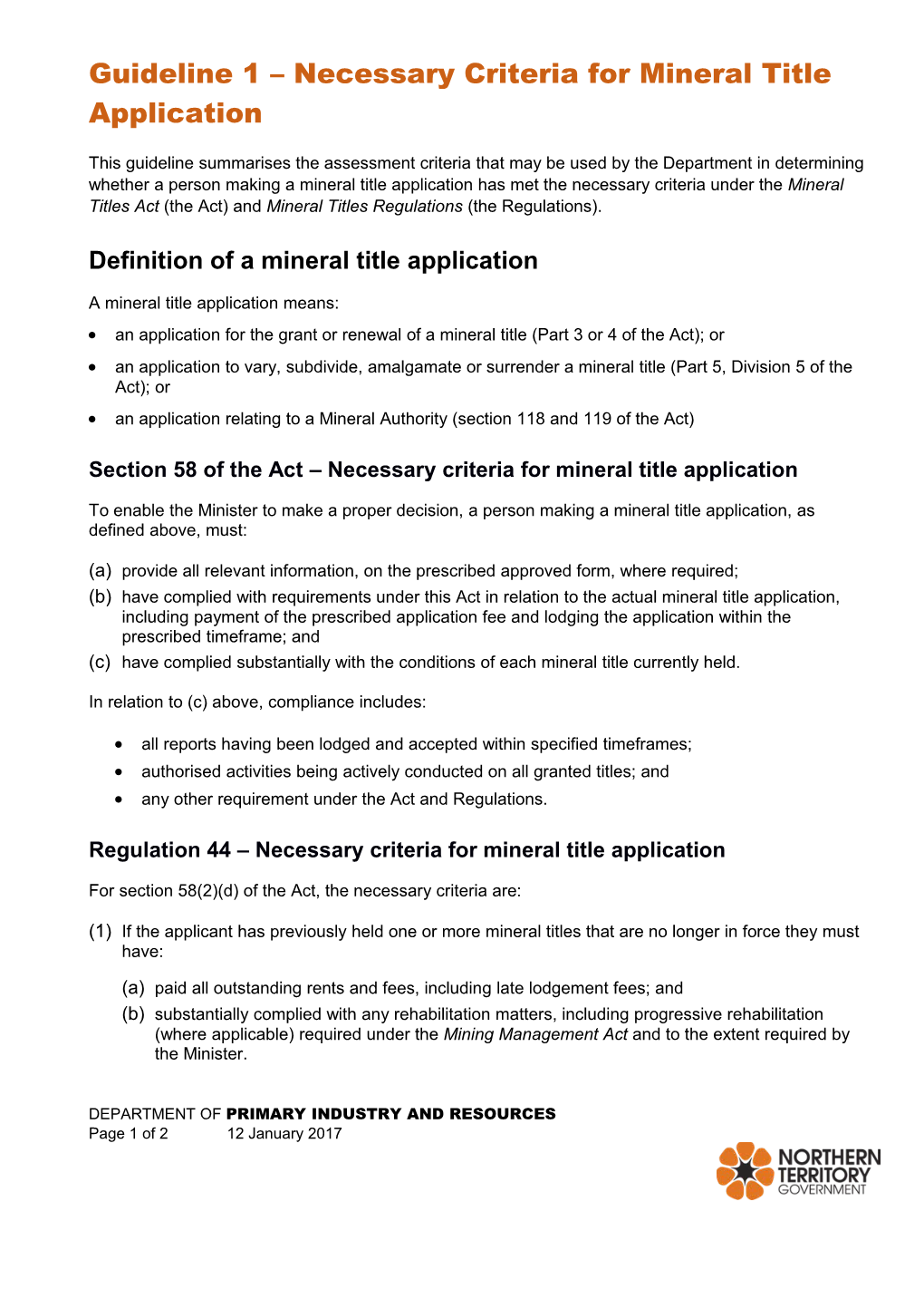 Guideline 1 Necessary Criteria for Mineral Title Application