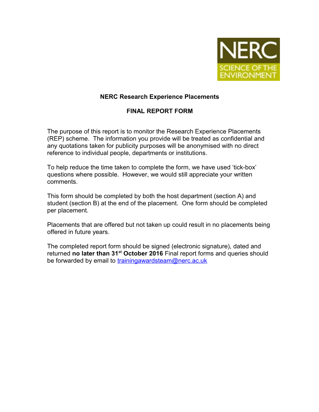 NERC Research Experience Placements