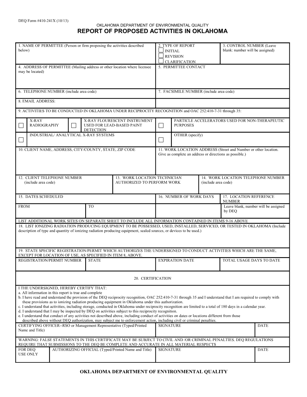 Report of Proposed Activities in Agreement State