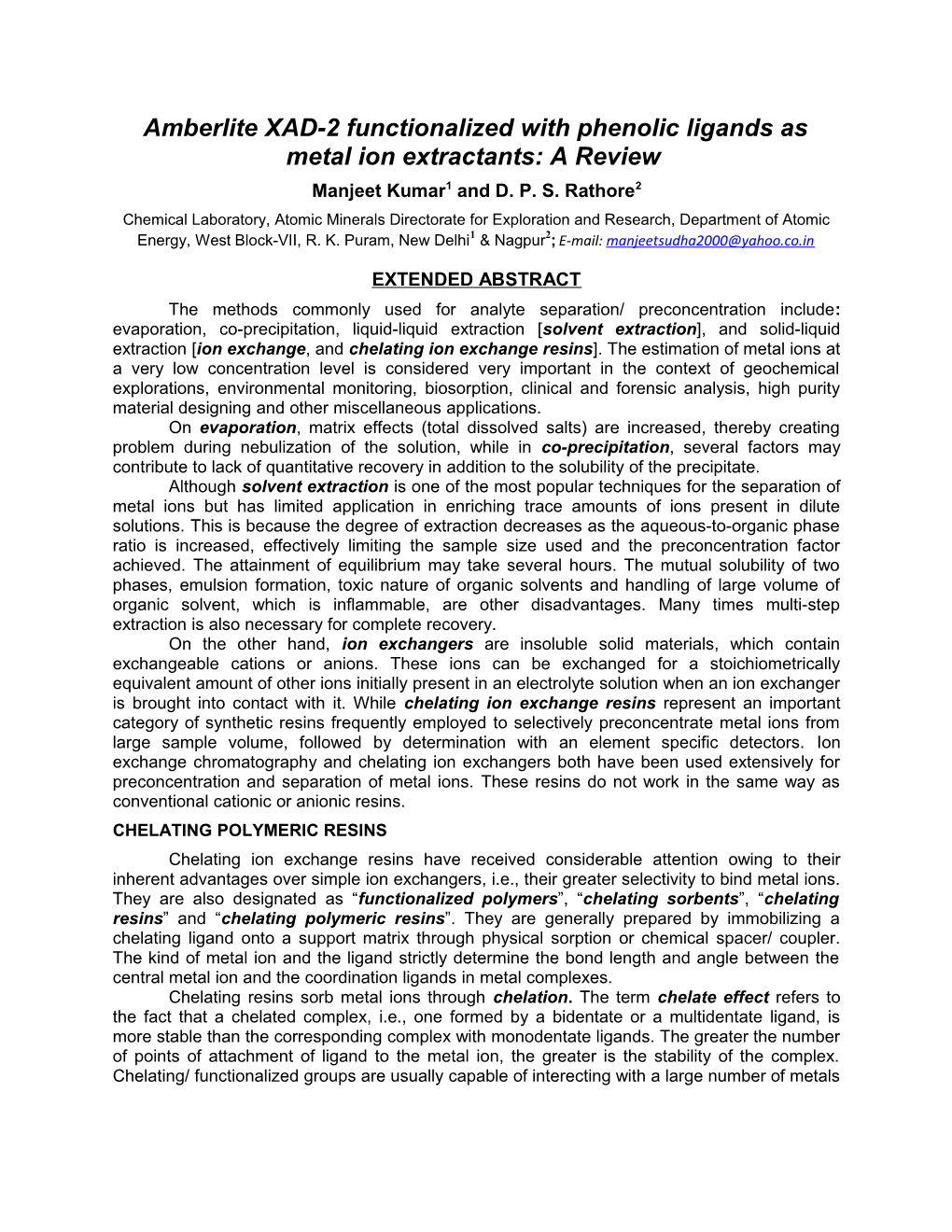 Amberlite XAD-2 Functionalized with Phenolic Ligands As Metal Ion Extractants: a Review